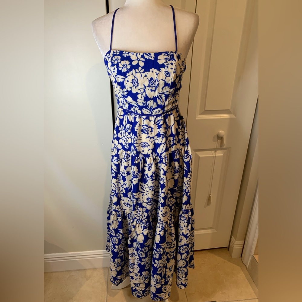 Aakaa Tied Up Boat Neck Floral Print Tiered Pleated A-line Backless Dress - Picture 6 of 8